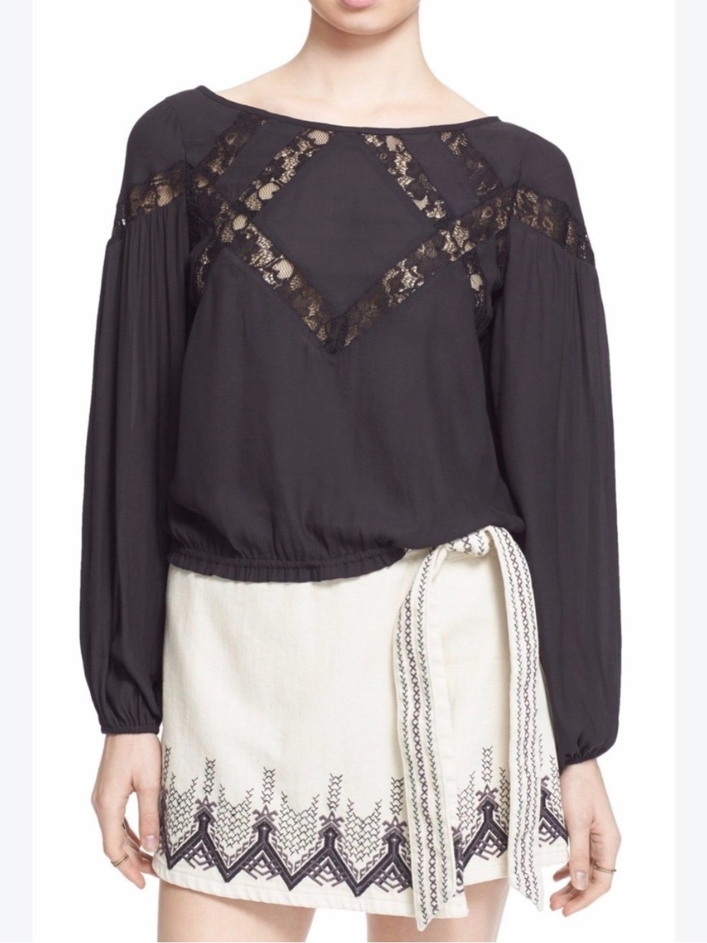 Free People Black Lace-Trim Long Sleeve Blouse Geometry Lessons Top Evening
